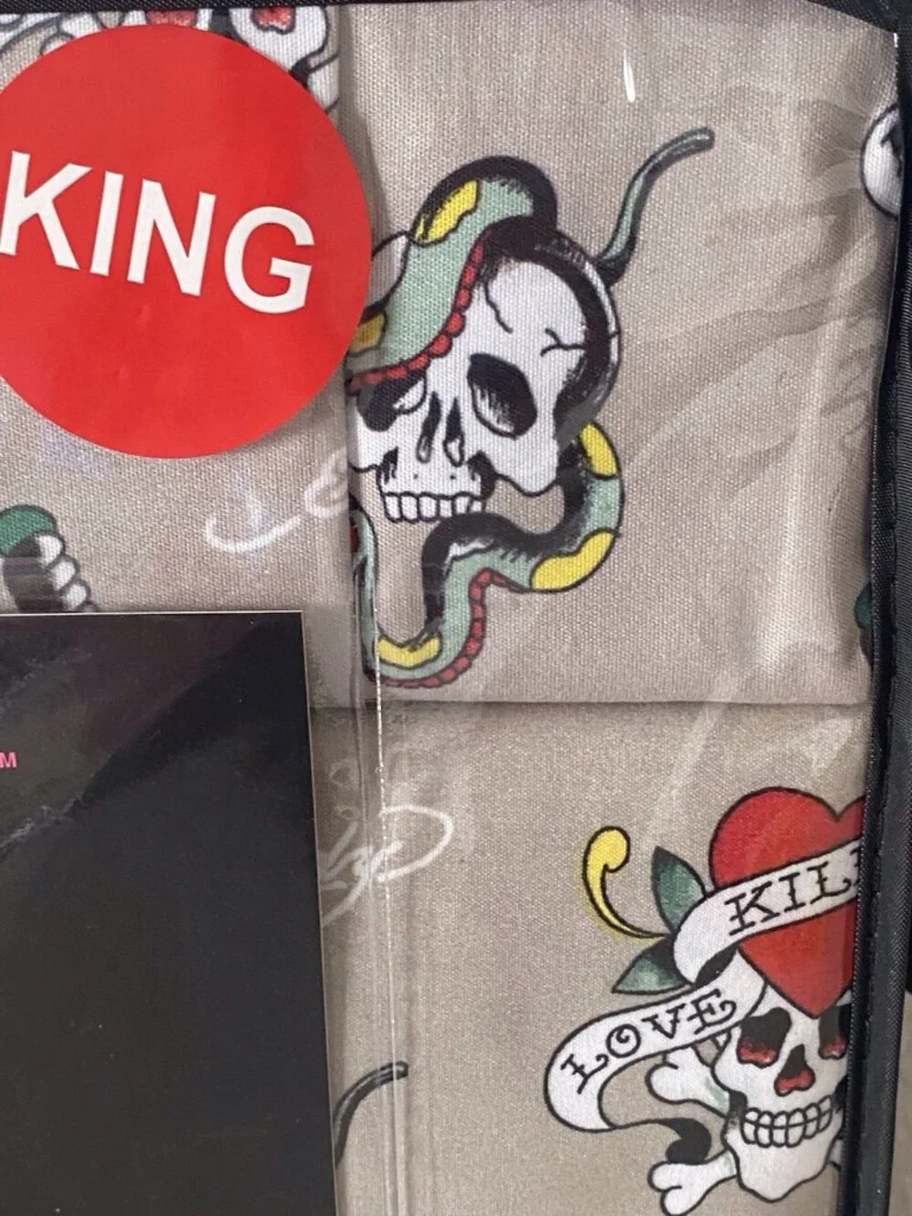 6‎ Piece Ed Hardy KING Size Sheet Set Logo Skulls Snake Hearts Roses Khaki NEW